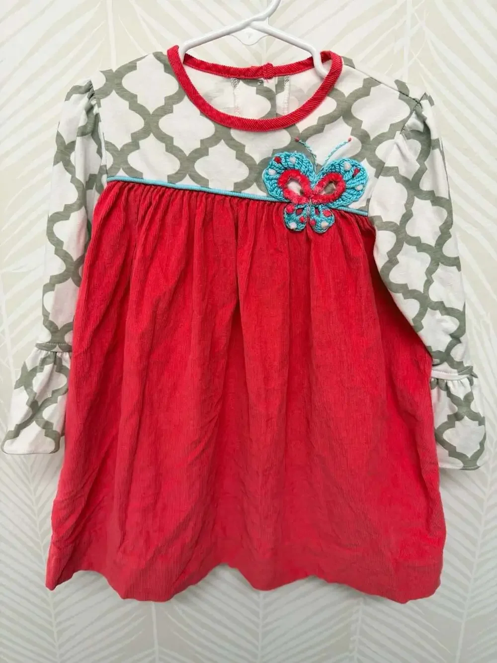 Zuccini Girls Red Corduroy Dress With Butterfly And Patterned Sleeves Size 2T